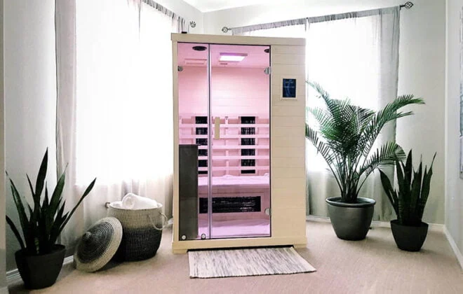 Transcend TR-2 two-person infrared sauna in Poplar wood in a person's home